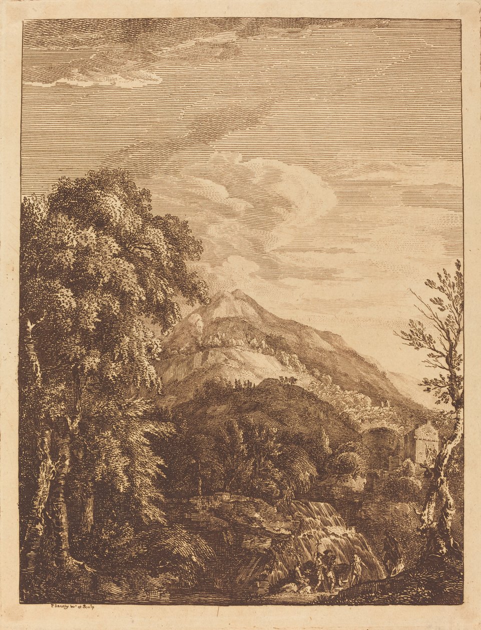 Paesaggio montuoso con cascata, torre rotonda, castello e banditi da Paul Sandby