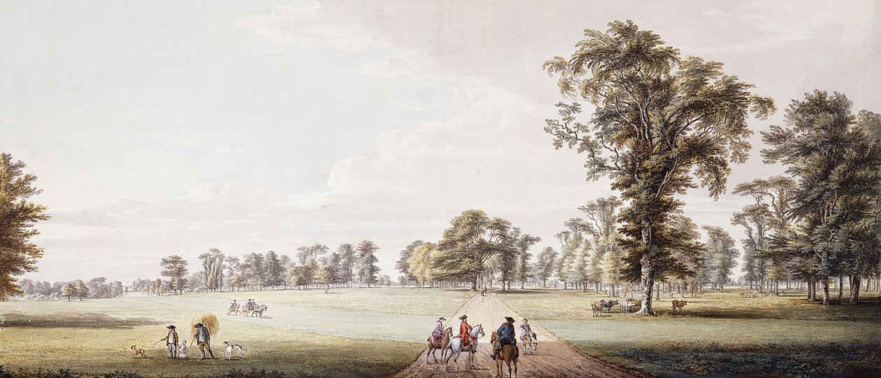 Cavalieri in un viale nel parco di Luton, con figure in un calesse e contadini a sinistra da Paul Sandby