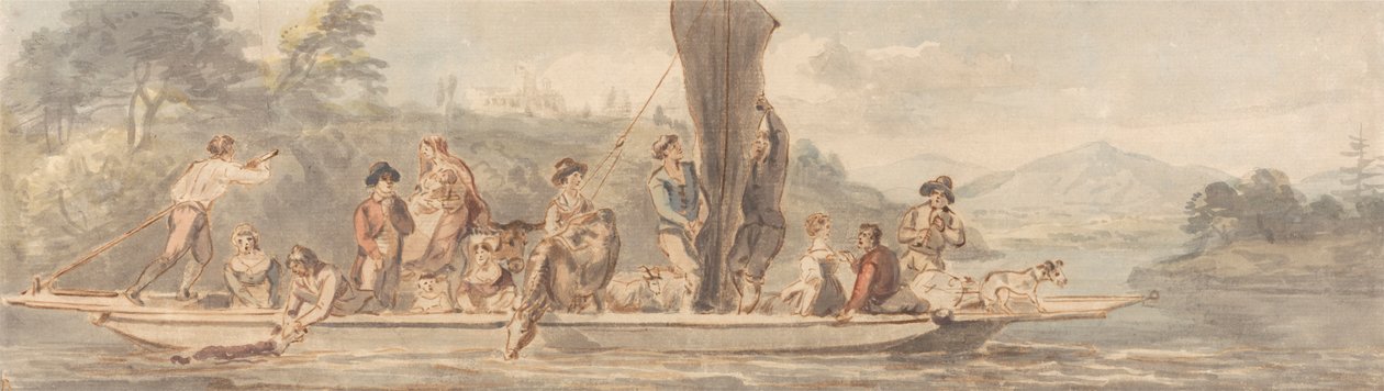Traghetto fluviale con molti passeggeri e animali da Paul Sandby
