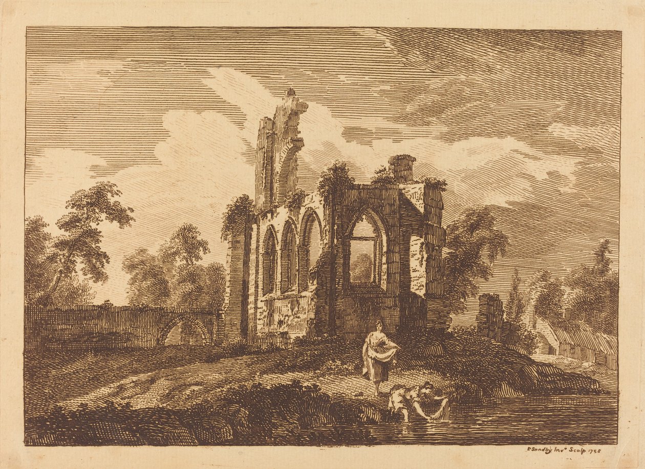 Rovine con due donne che lavano i vestiti in un fiume da Paul Sandby
