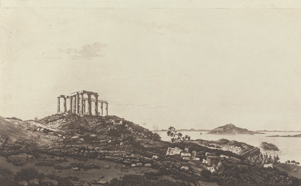 Vedute del Levante: Tempio in rovina sulla collina di Suninum con vista sulle isole da Paul Sandby