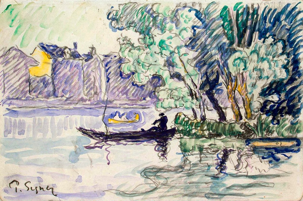 Pescatore in una barca vicino a una riva della Senna, c1900 da Paul Signac