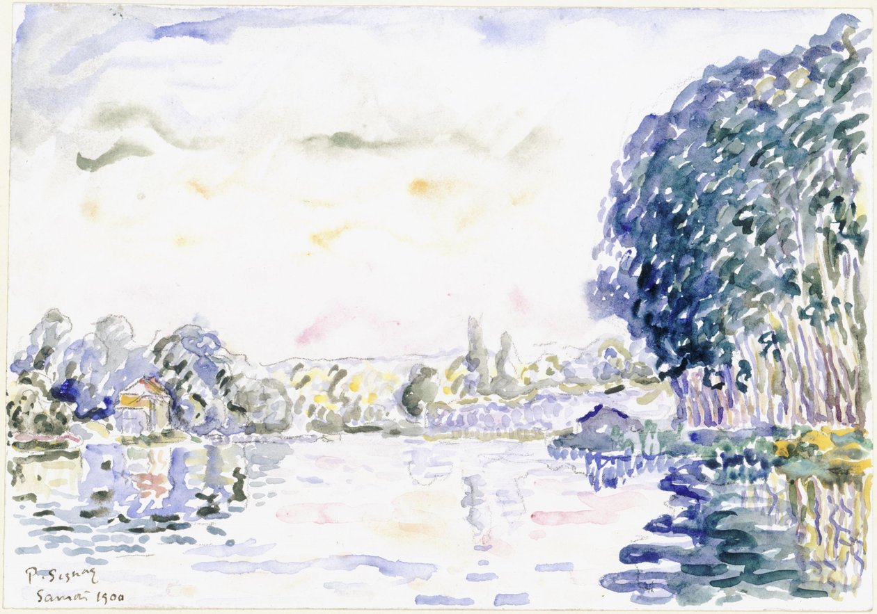 Paesaggio fluviale con casetta e alberi da Paul Signac
