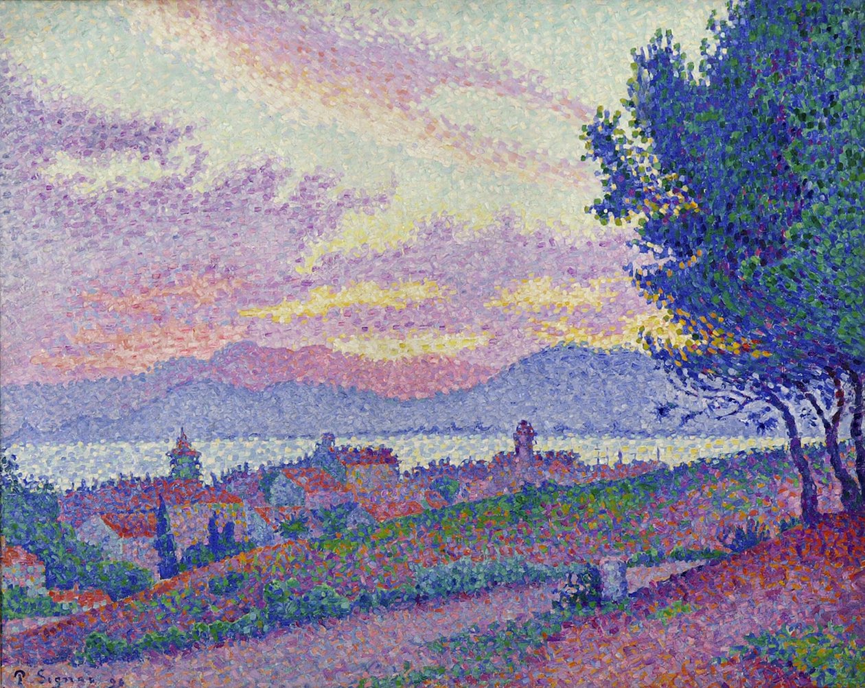 Vista di Saint-Tropez, tramonto nel bosco di pini da Paul Signac