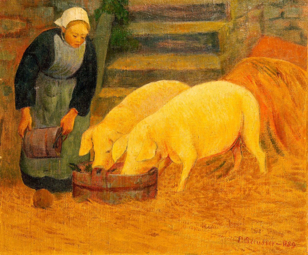 Una giovane ragazza che nutre due maiali, 1889 da Paul Sérusier