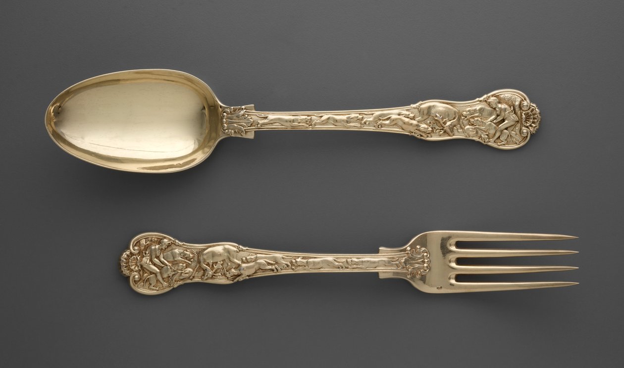 Forchetta da dessert con scene di caccia e cucchiaio da dessert con scene di caccia, c.1822 da Paul Storr