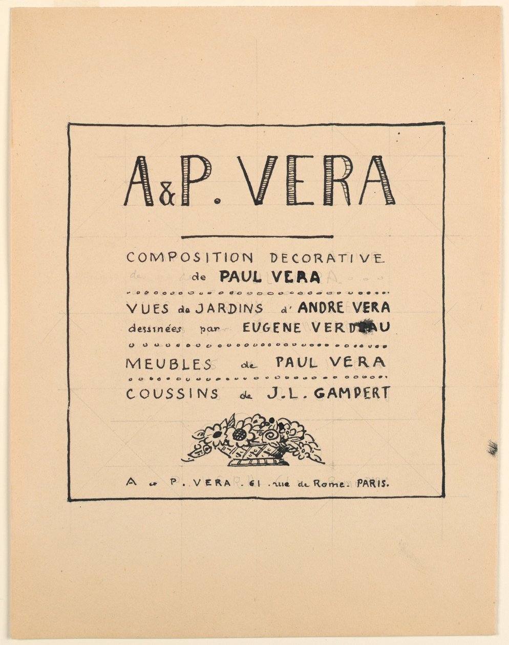 Disegno, Pagina del titolo, A & P Vera, Composizione decorativa di Paul Vera/Vedute di Giardini di André Vera disegnate da Eugène Verdeau/Mobili di Paul Vera/Cuscini di J. L. Gampert, 1912-1919 da Paul Vera