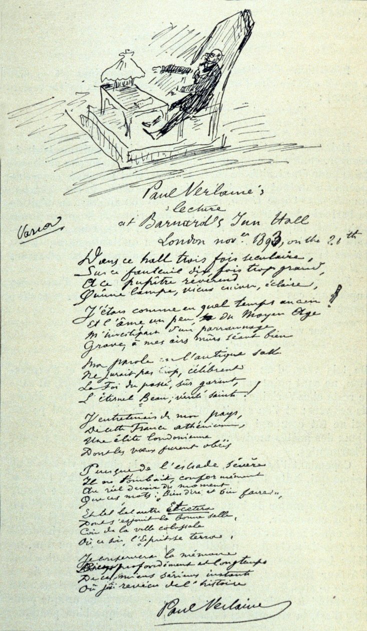 Segno poetico del poeta francese Paul Verlaine (1844-1896) con schizzo del rappresentante durante una lettura. 21/11/1893 da Paul Verlaine
