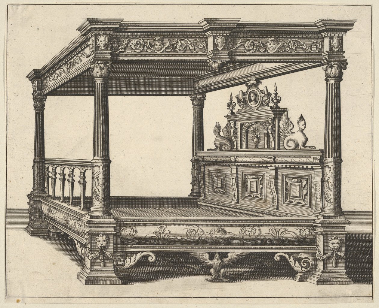 Letto a baldacchino da Verscheyden Schrynwerck da Paul Vredeman de Vries