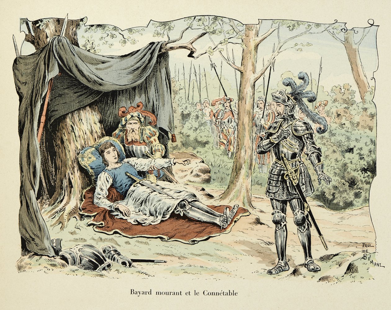 Illustrazione dal libro Histoire du chevalier Bayard di Theodore Cahu, illustrato da Paul De Semant: Bayard morente e Le Connetable de Bourbon 1524 da Paul de Semant