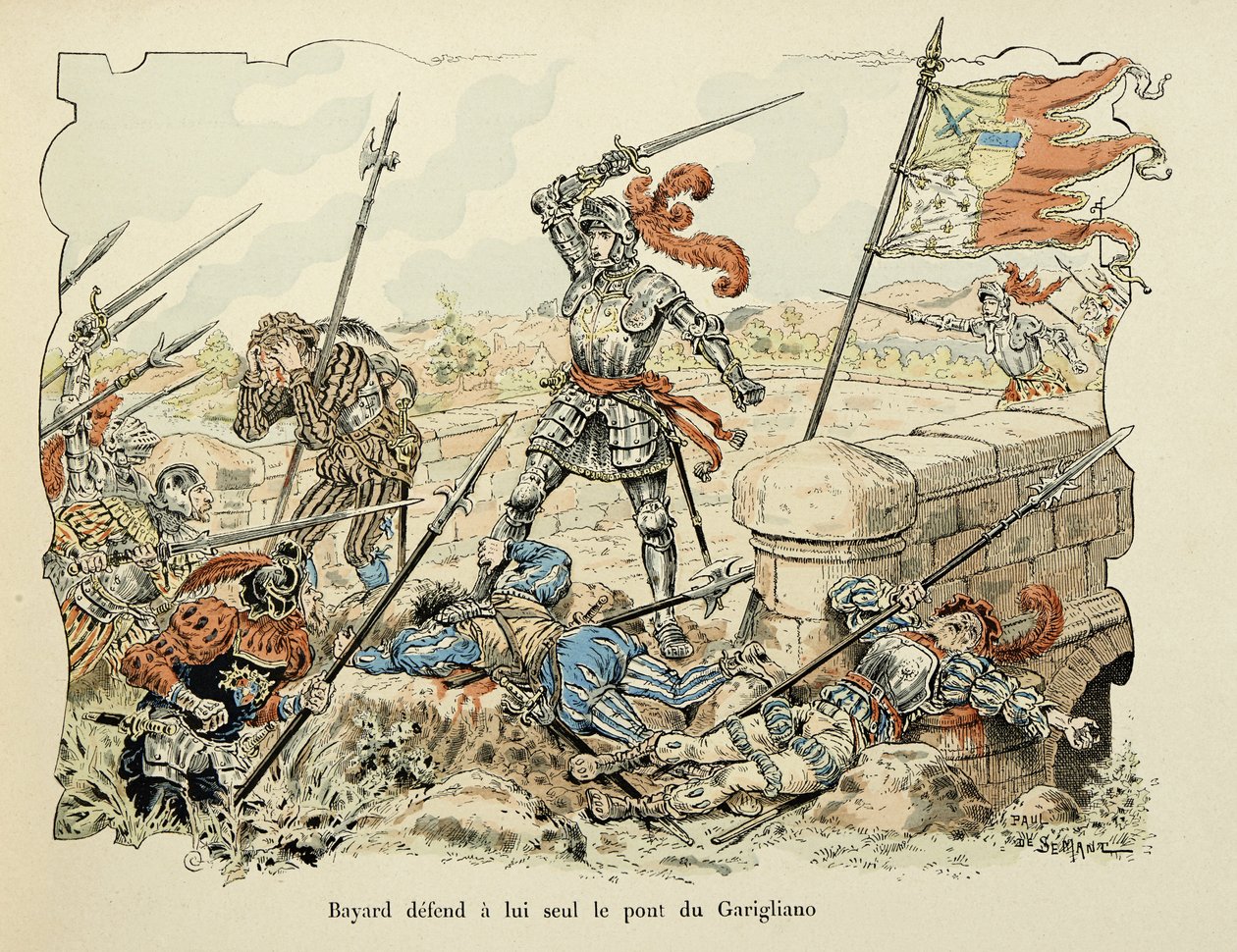 Illustrazione tratta dal libro "Storia del cavaliere Bayard" di Théodore Cahu, illustrato da Paul De Sémant: Bayard difende da solo il ponte di Garigliano, 1504 da Paul de Semant