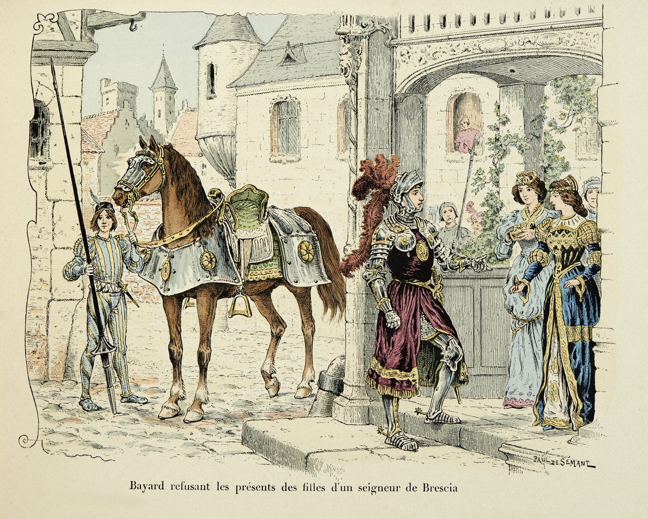 Illustrazione tratta dal libro "Histoire du chevalier Bayard" di Theodore Cahu, illustrata da Paul De Semant (1855-1915): Bayard rifiuta i doni delle figlie di un signore di Brescia 1512 da Paul de Semant