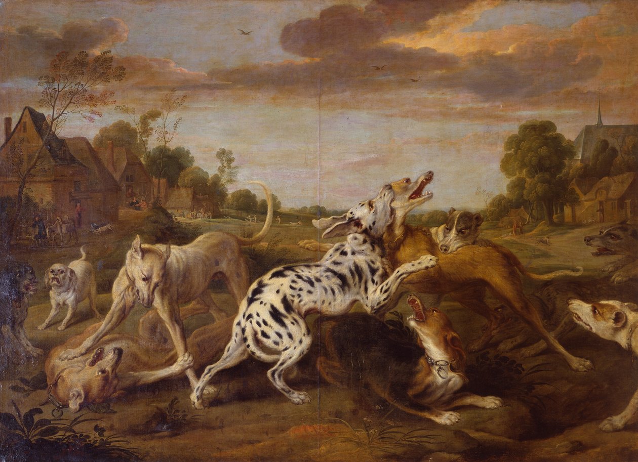 Cani che combattono in un paesaggio di paese con una battuta di caccia al di là (olio su tela) da Paul de Vos