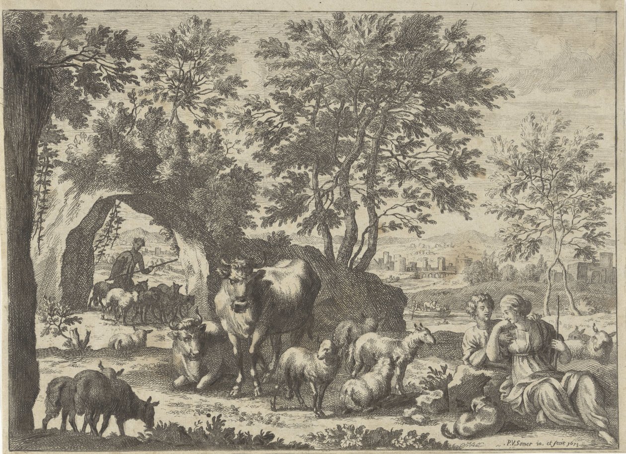Pastore e pastorella con un gregge da Paul van Somer (II)