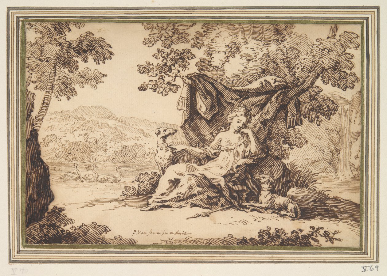 Donna con due cani seduta in un paesaggio da Paul van Somer