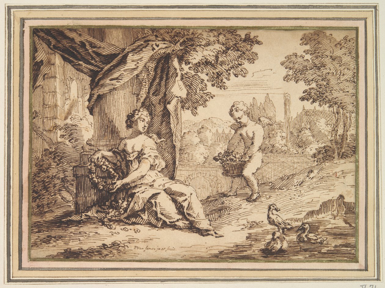 Donne Sedute sotto una Colonna con Putto da Paul van Somer