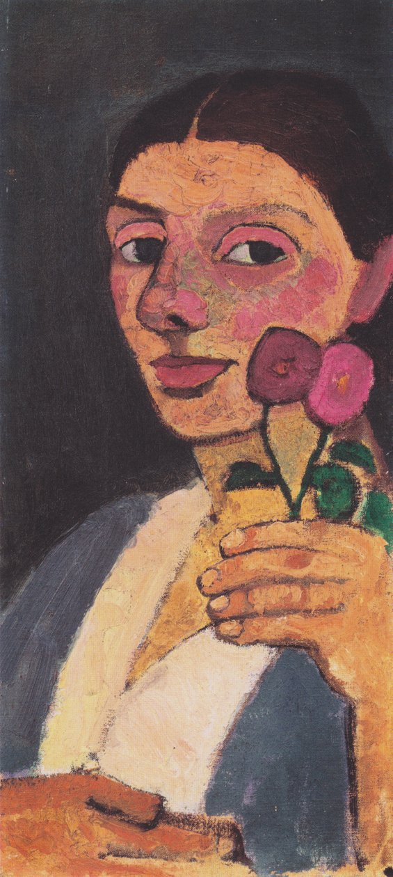 Autoritratto con due fiori nella mano sinistra alzata da Paula Modersohn Becker