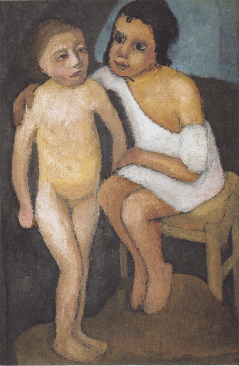 Ragazza seduta in camicia bianca e nudo di ragazza in piedi da Paula Modersohn-Becker