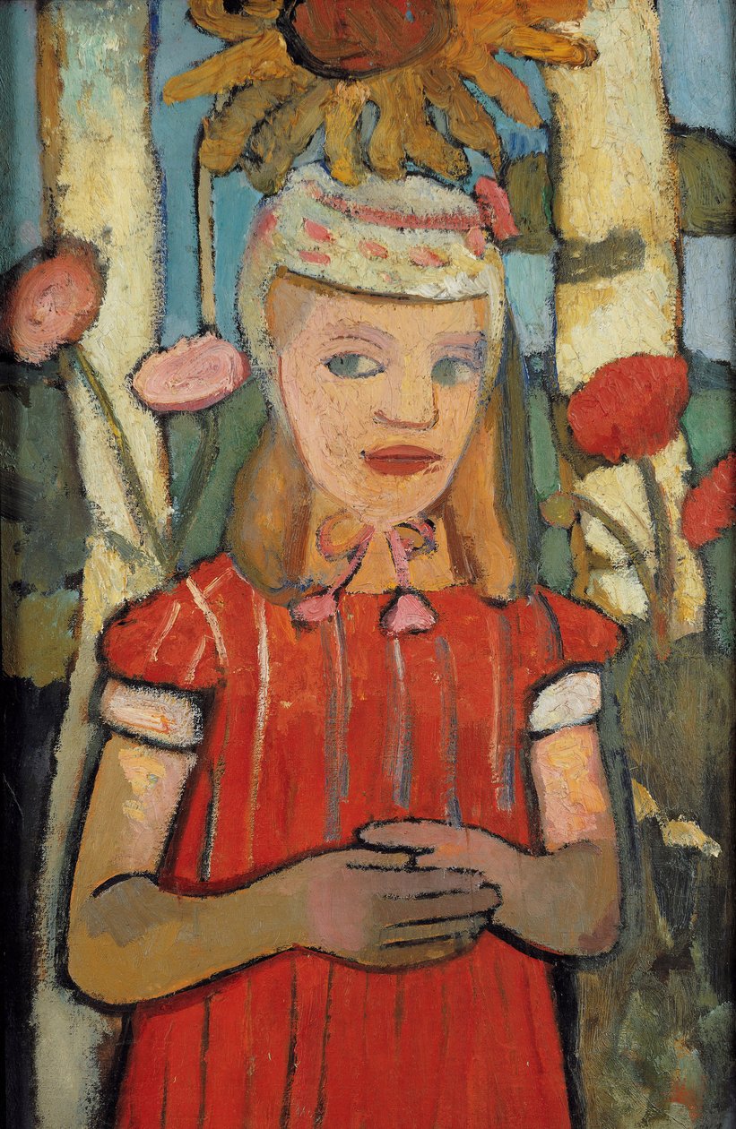 Ragazza in abito rosso davanti a un girasole, 1907 da Paula Modersohn Becker