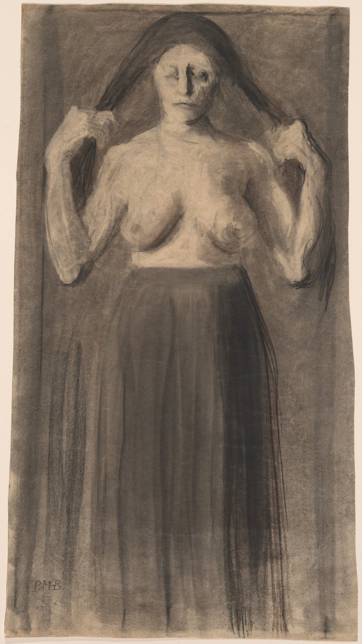 Donna mezza nuda che tiene i capelli separati da Paula Modersohn Becker
