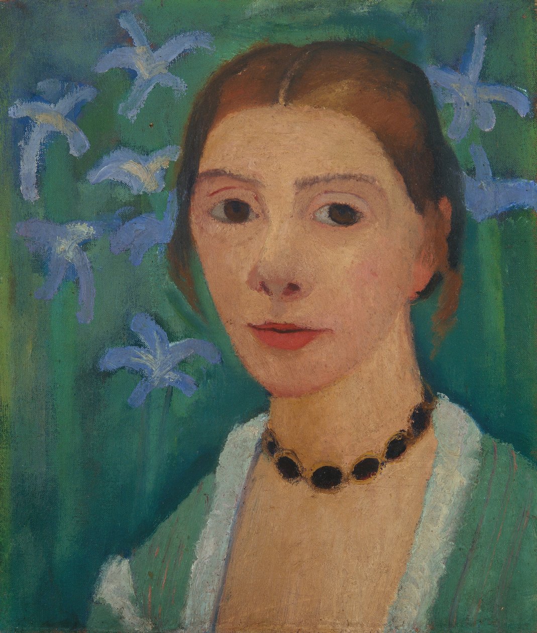 Autoritratto davanti a uno sfondo verde con iride blu da Paula Modersohn-Becker