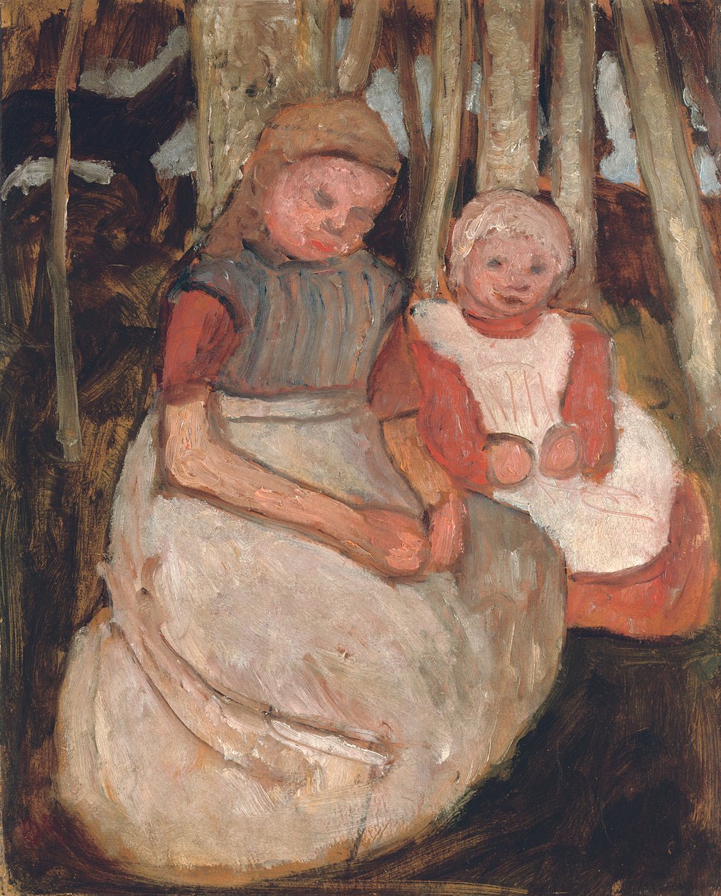 Due ragazze sedute davanti a tronchi di betulla da Paula Modersohn Becker