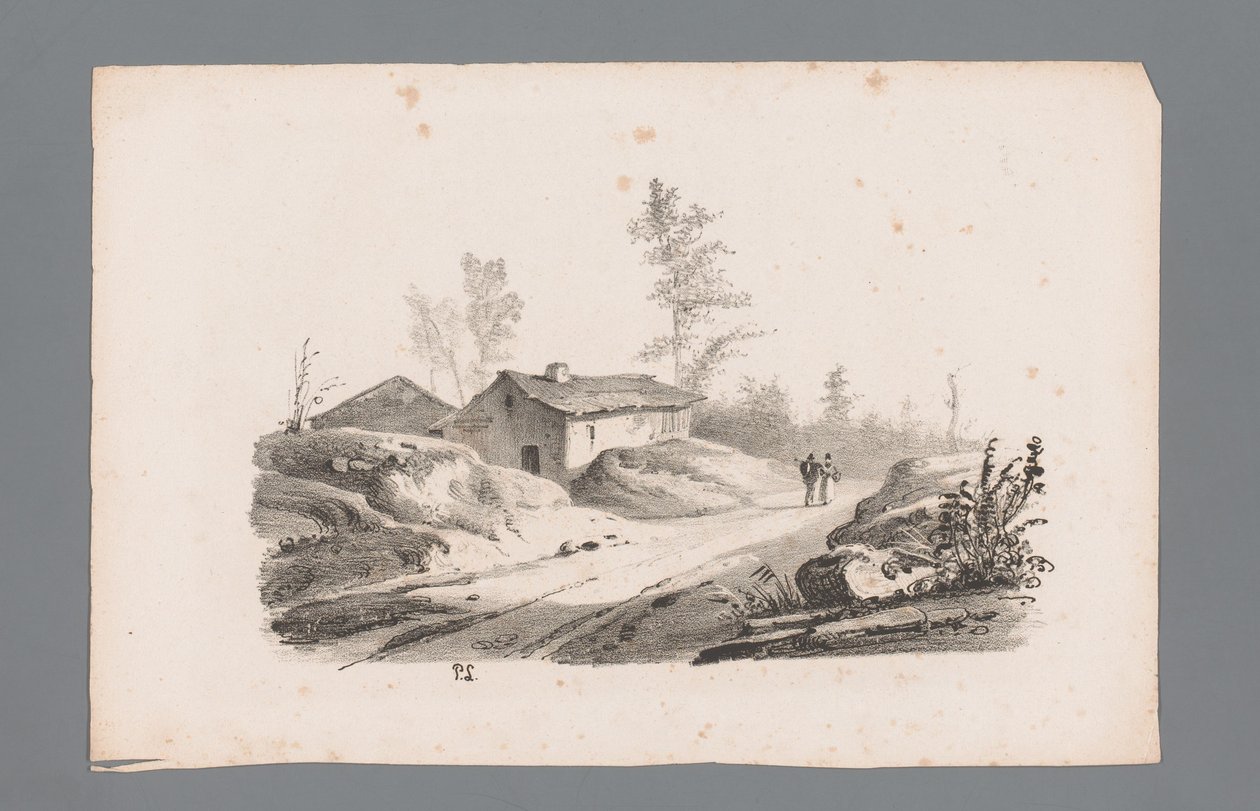 Paesaggio collinare con strada di campagna e case (serie: Principi di paesaggi) da Paulus Lauters
