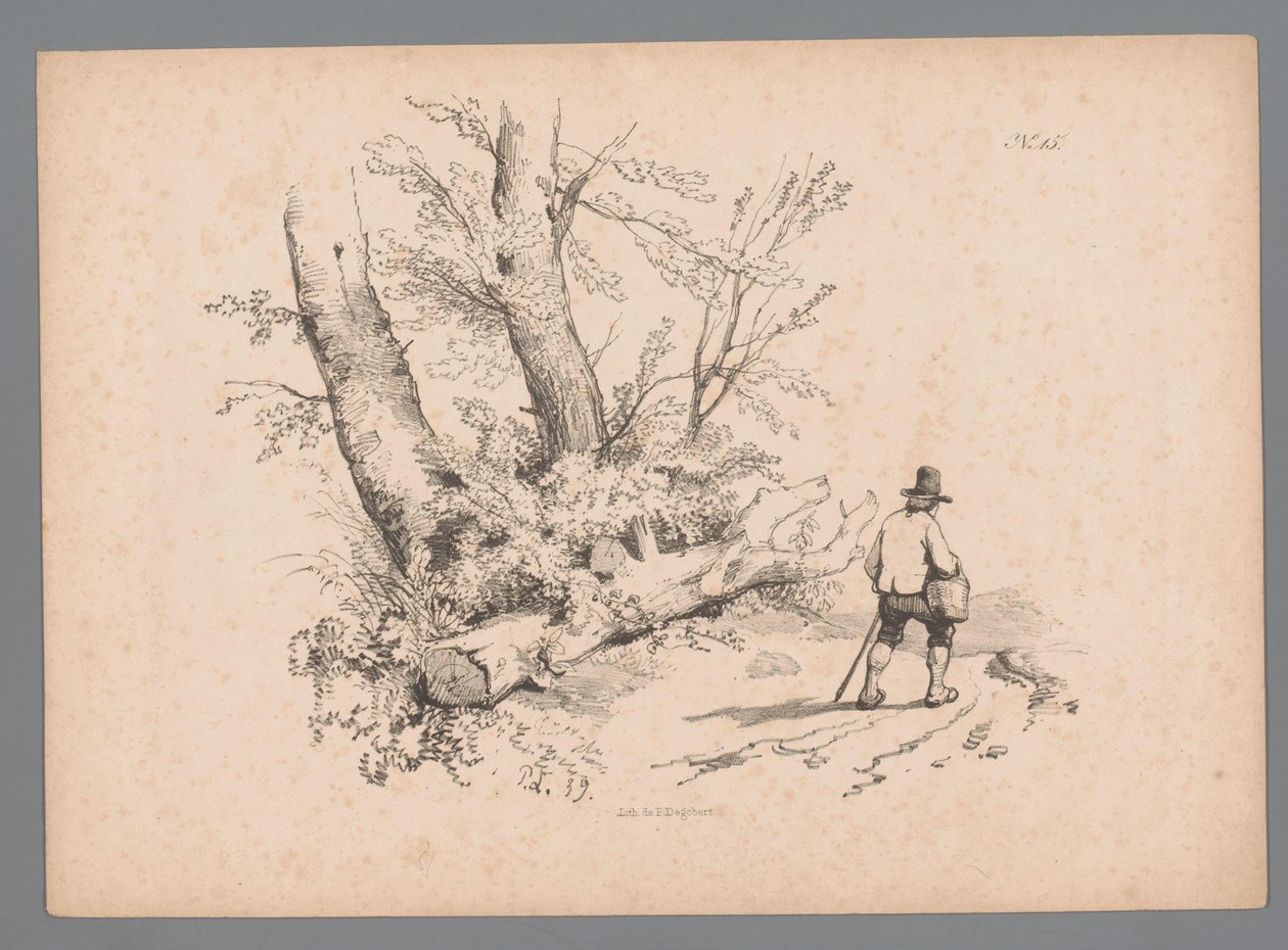 Paesaggio con alberi e un uomo con bastone da passeggio e cesta da Paulus Lauters
