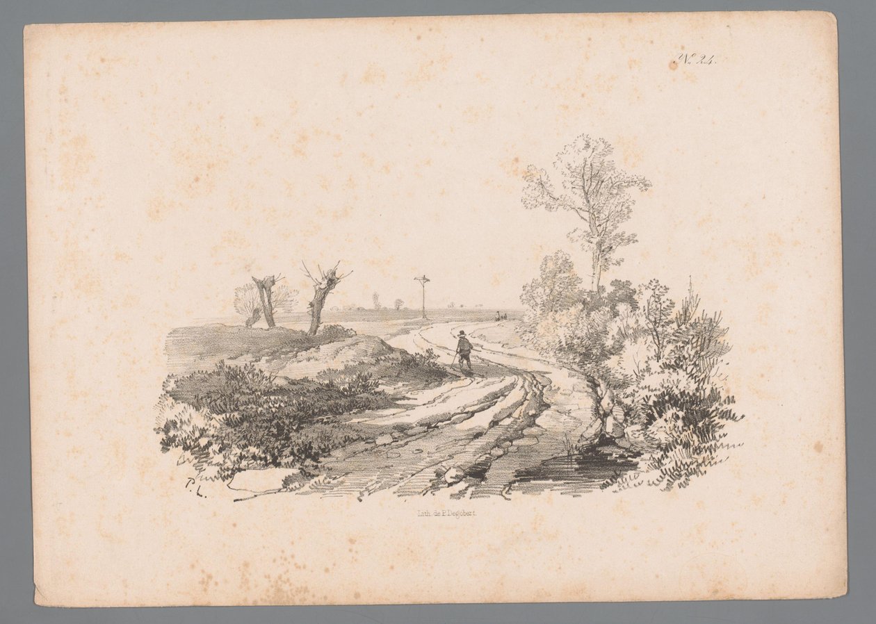 Paesaggio con figura con bastone da passeggio su una strada di campagna da Paulus Lauters