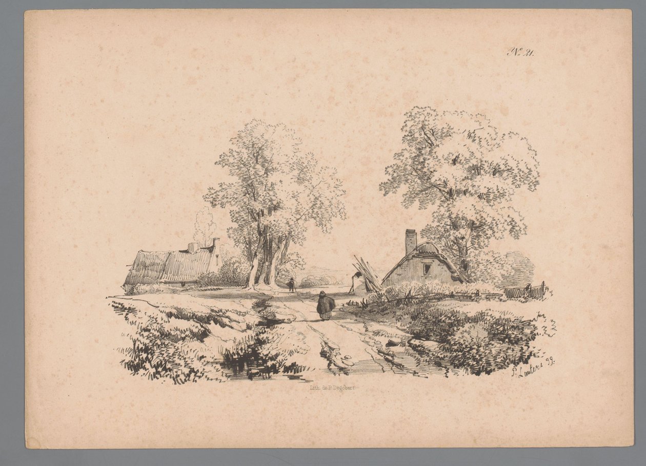 Paesaggio con due case e due figure su una strada (Landschapsstudies door Paulus Lauters, Nouvelle suite de 40 études de paysages par P. Lauters) da Paulus Lauters