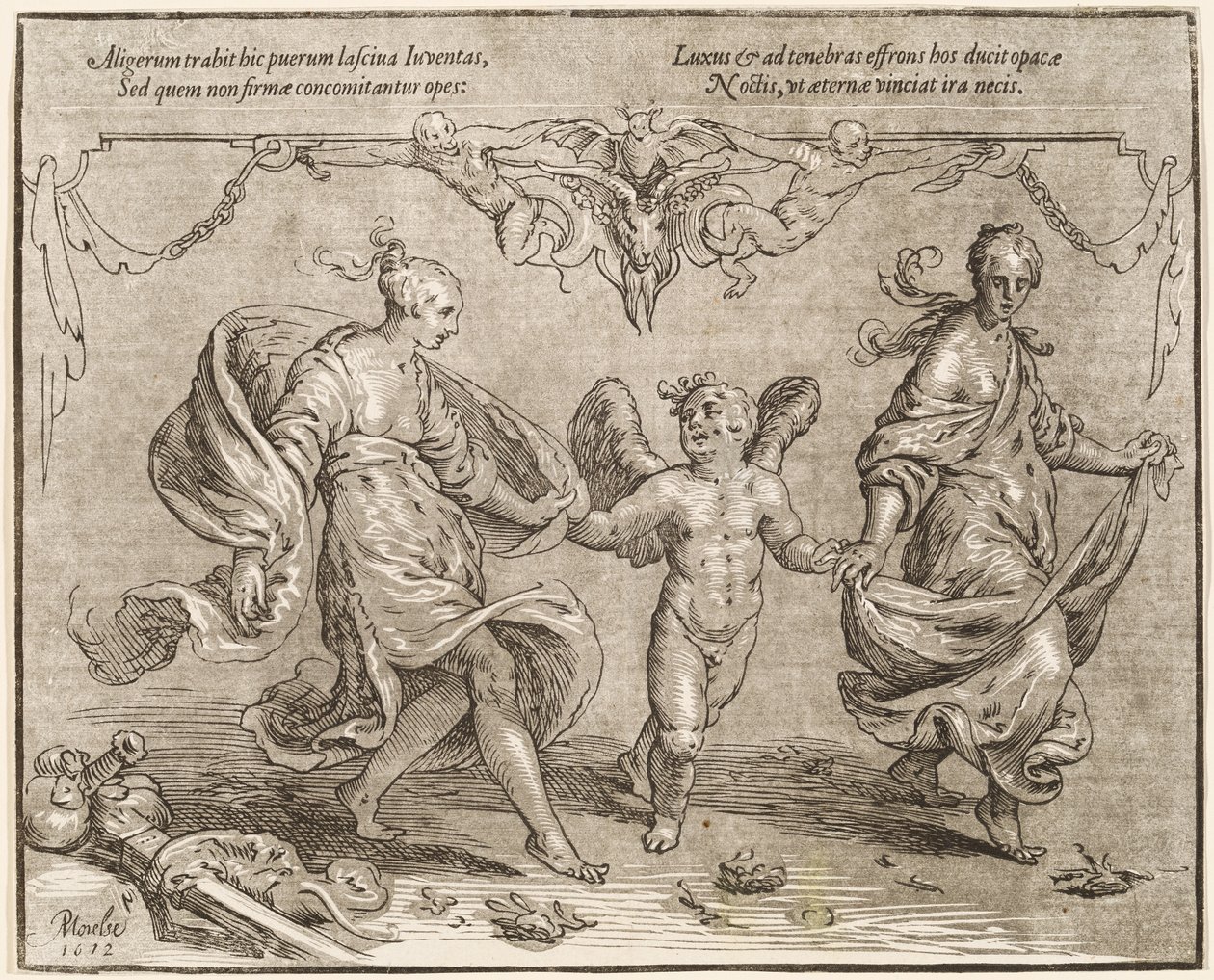 Cupido che balla con due donne allegoriche da Paulus Moreelse