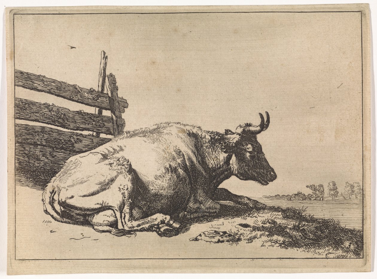 Mucca sdraiata vicino a un recinto (Il libro dei tori) da Paulus Potter