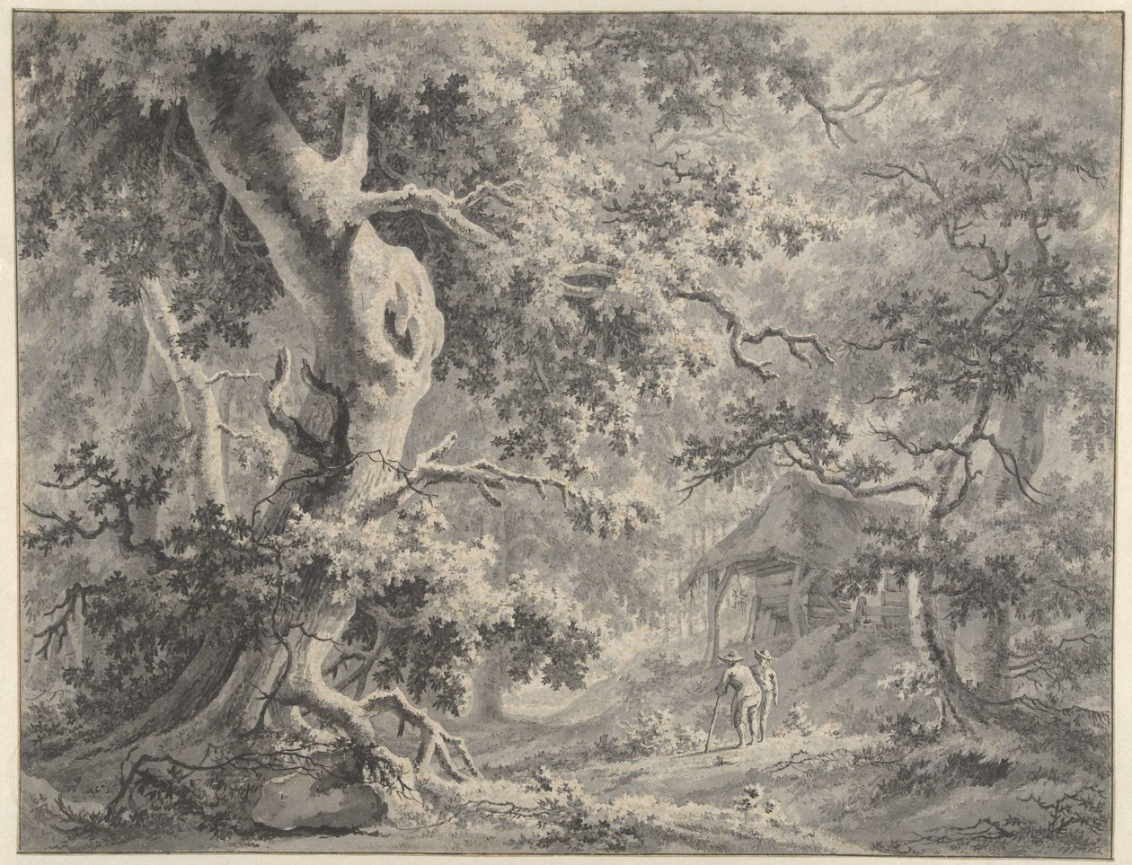 Paesaggio boschivo con due figure vicino a una capanna da Paulus van Liender