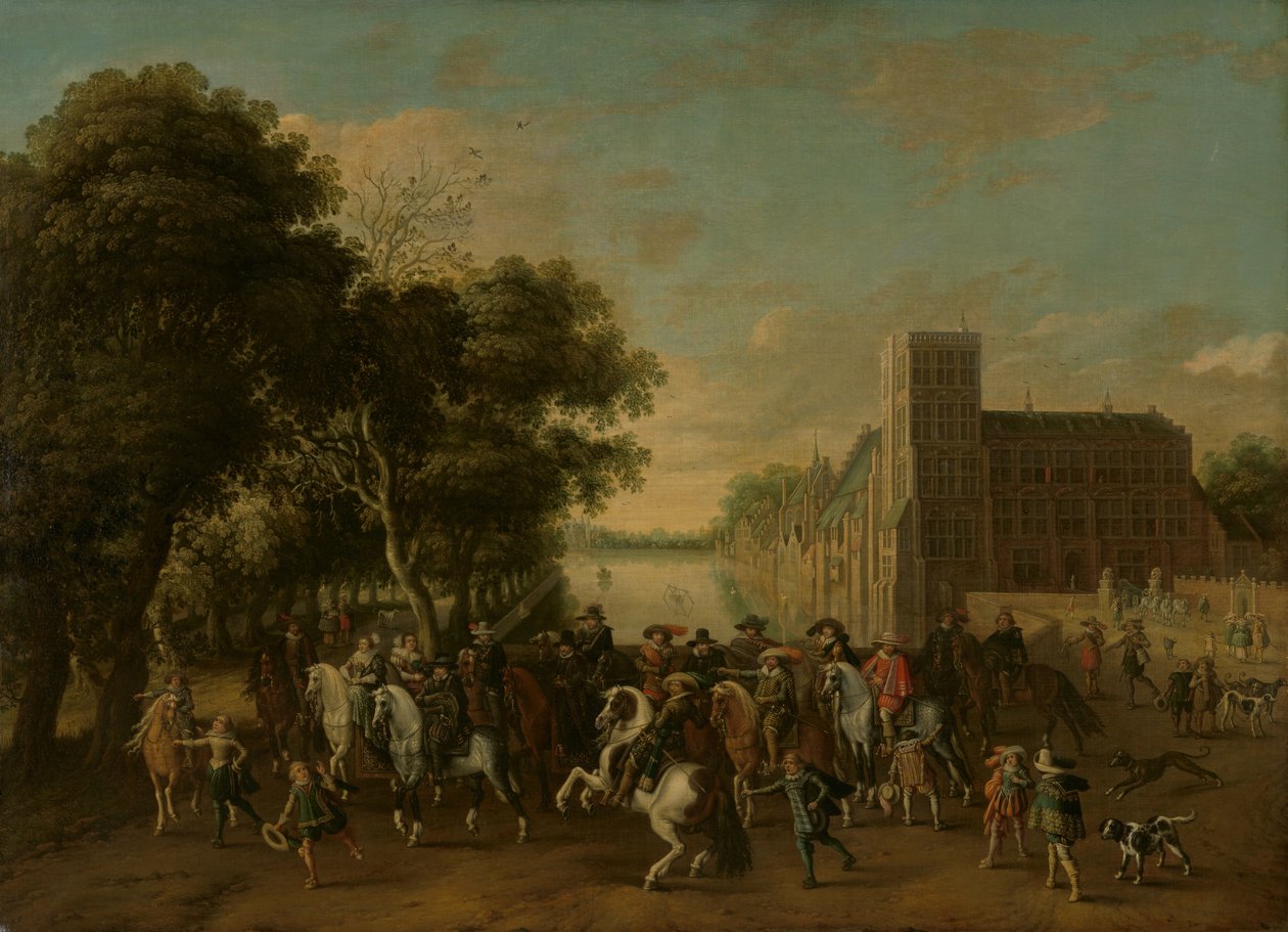 Il principe Maurits, accompagnato dal principe Frederik Hendrik, Federico V di Boemia e sua moglie Elisabetta Stuart, e altri, al Buitenhof, L