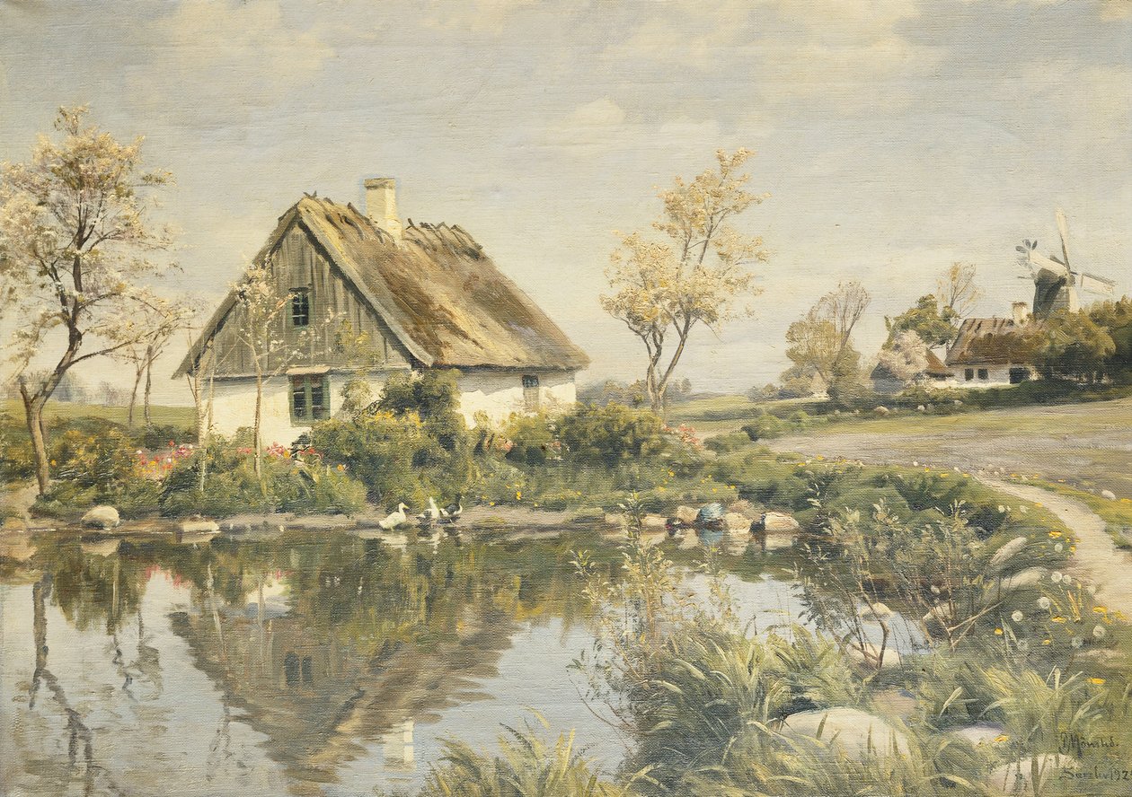 Un cottage vicino a uno stagno da Peder Monsted