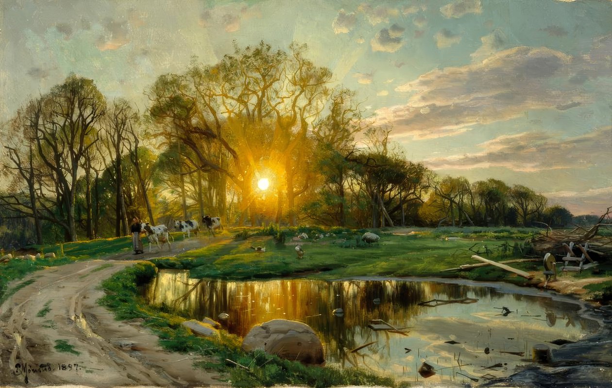 Rientro delle mucche al tramonto da Peder Monsted