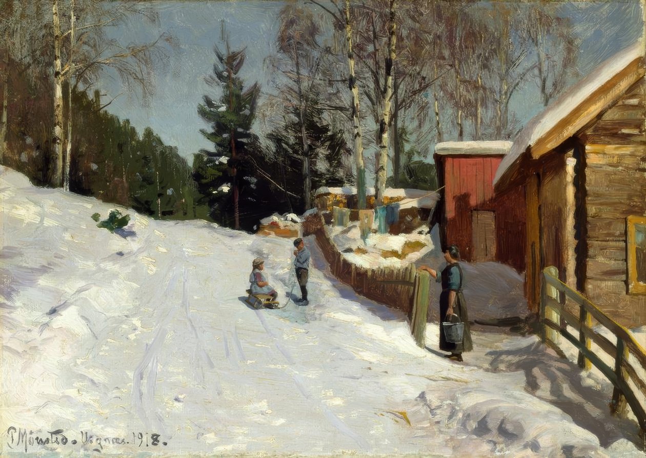 Bambini che giocano sulla strada del villaggio innevato da Peder Monsted