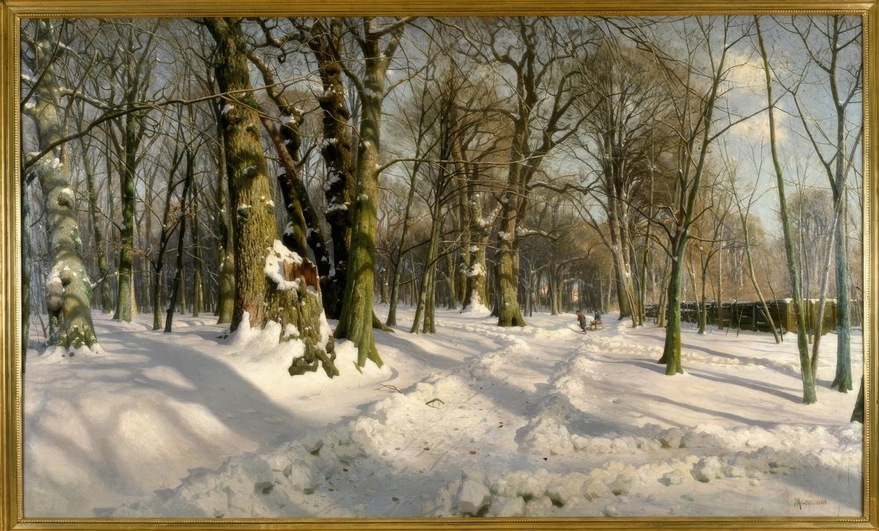Foresta invernale innevata alla luce del sole da Peder Monsted