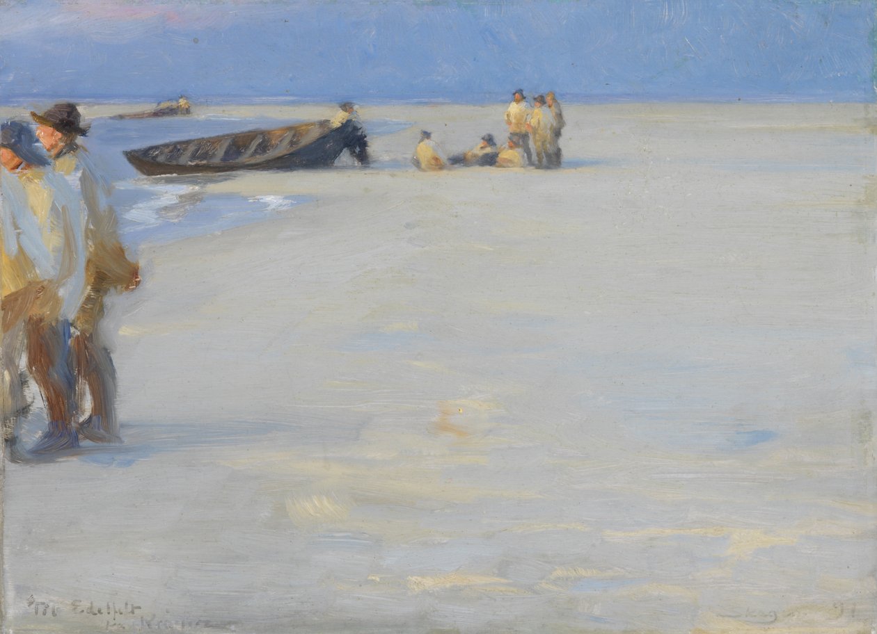 Pescatori sulla spiaggia settentrionale di Skagen. Sera d