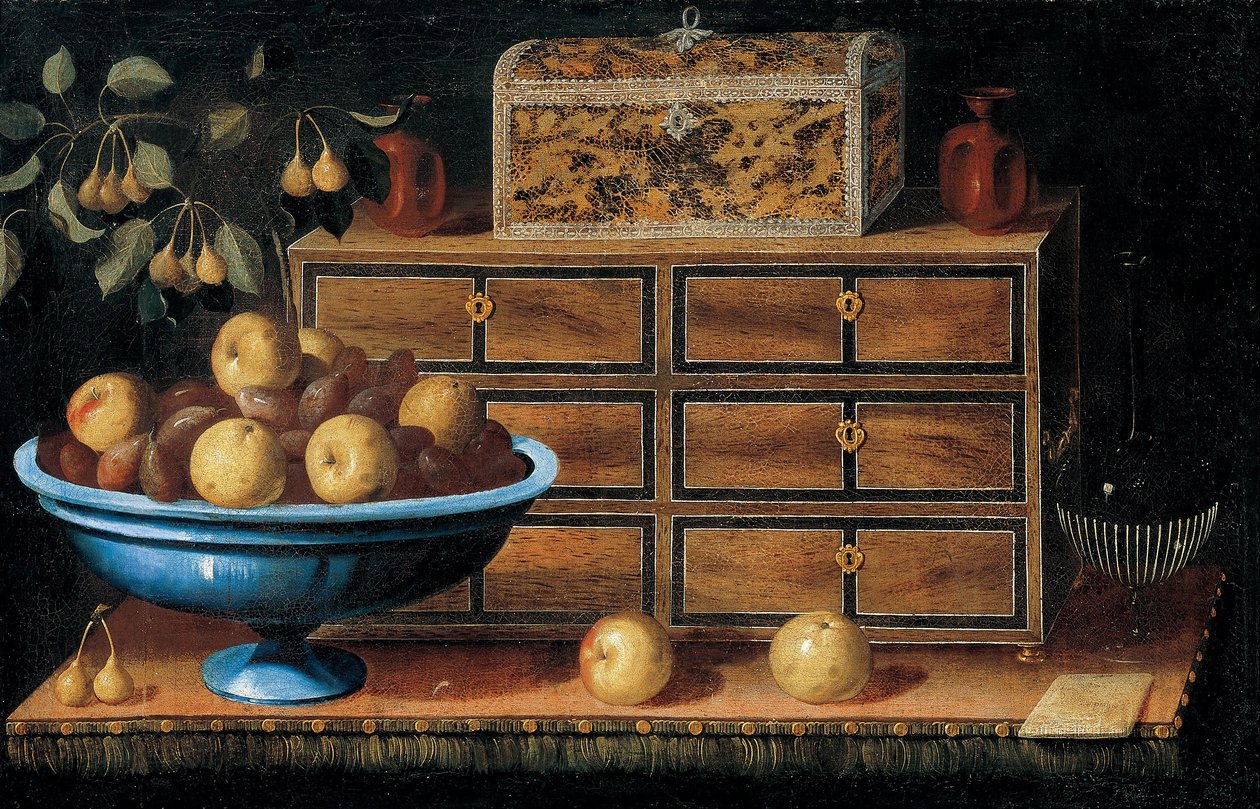 Scrivania con un Piccolo Baule e una Ciotola di Frutta da Pedro de Camprobín