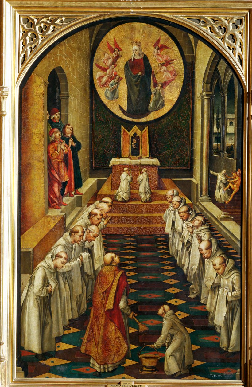 La Vergine appare a una comunità di monaci domenicani e li benedice... (dipinto su tavola) da Pedro Berruguete