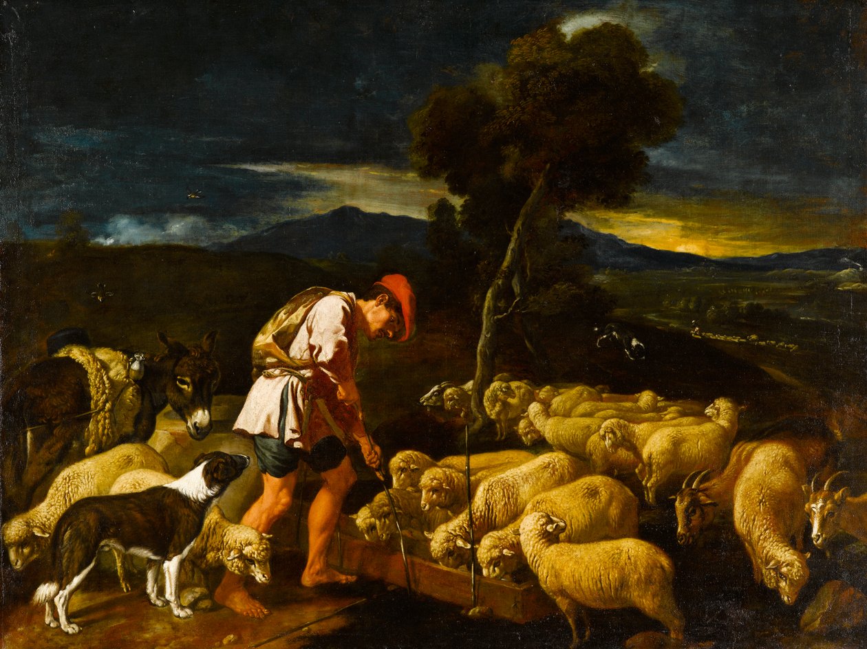 Giacobbe che annaffia le pecore di Labano davanti ai rami pelati da Pedro Orrente