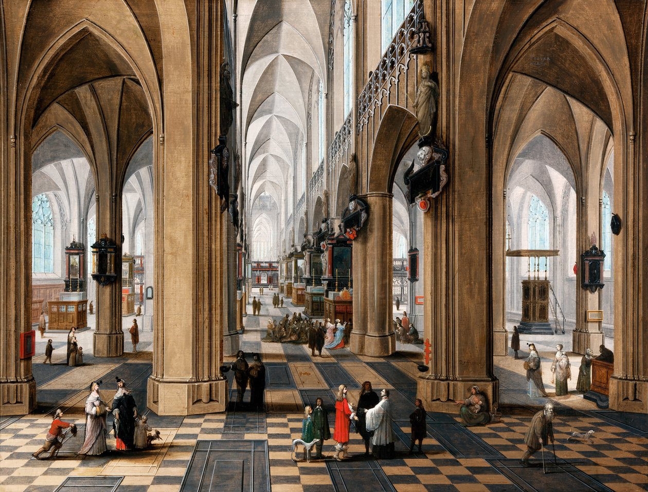 Interno di una chiesa con figure eleganti che passeggiano e figure che assistono alla messa da Peeter the elder Neefs