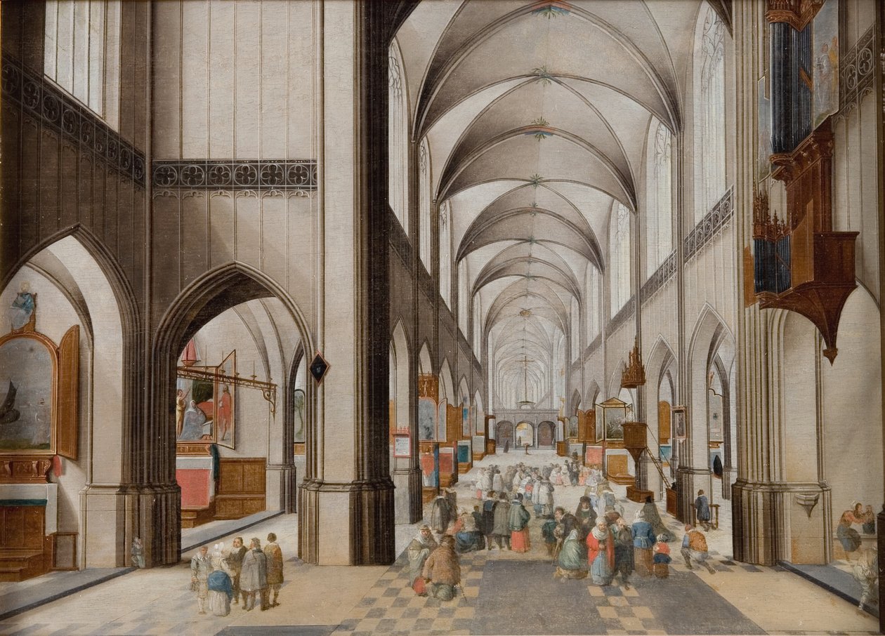 Interno di una chiesa gotica a tre navate durante un sermone da Peeter Neeffs d.Æ.