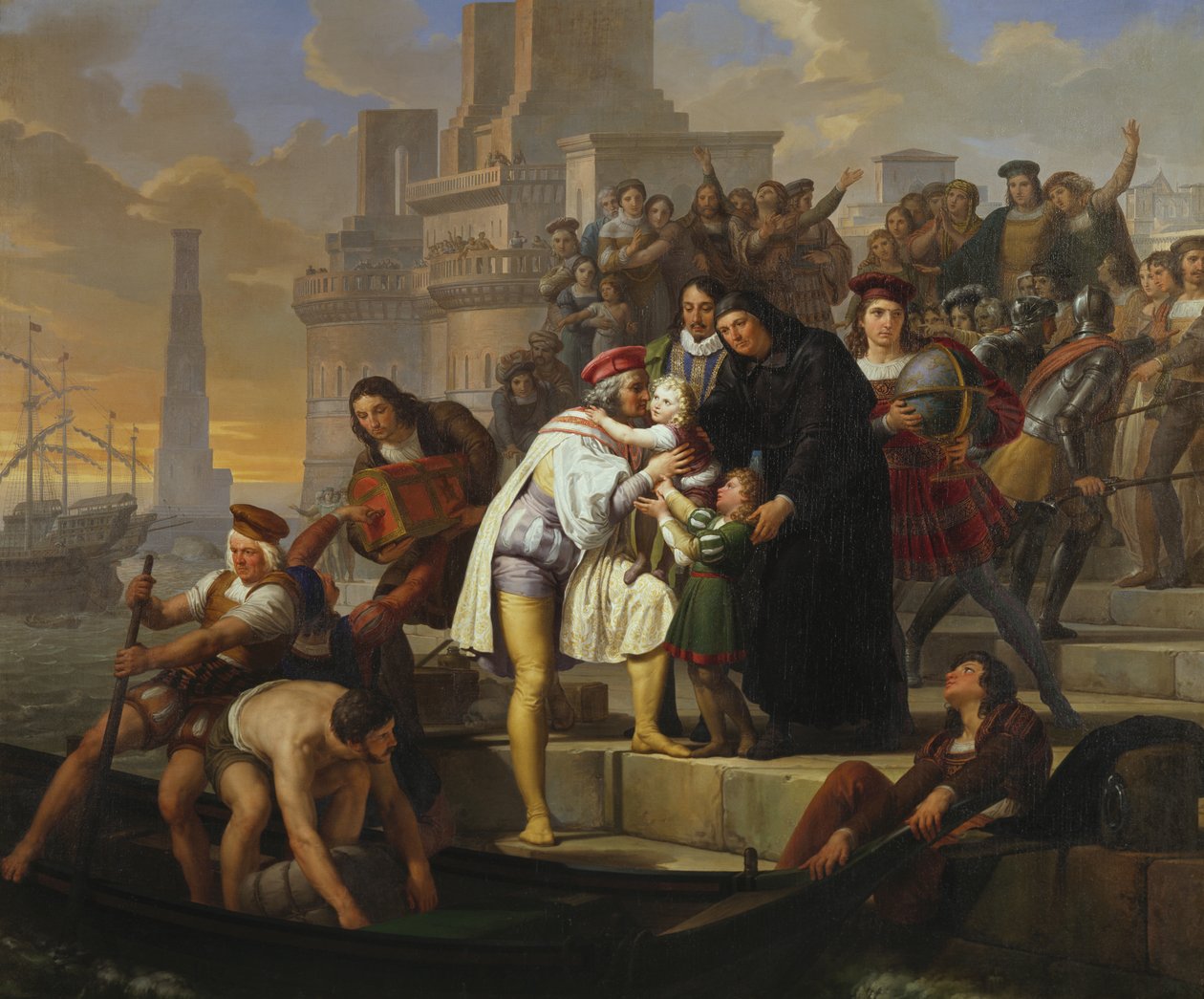 Cristoforo Colombo abbraccia i suoi due figli e li raccomanda a Padre Giovanni Perez prima di partire da Palos per il viaggio alla scoperta dell