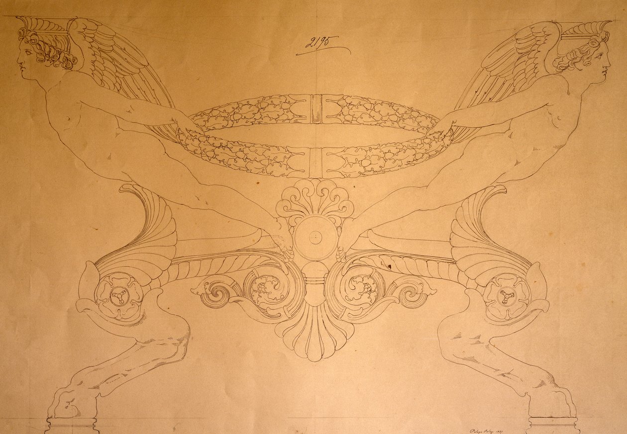 Disegno di sgabello a forma di zoccolo con gambe, c.1837 (disegno) da Pelagio Palagi