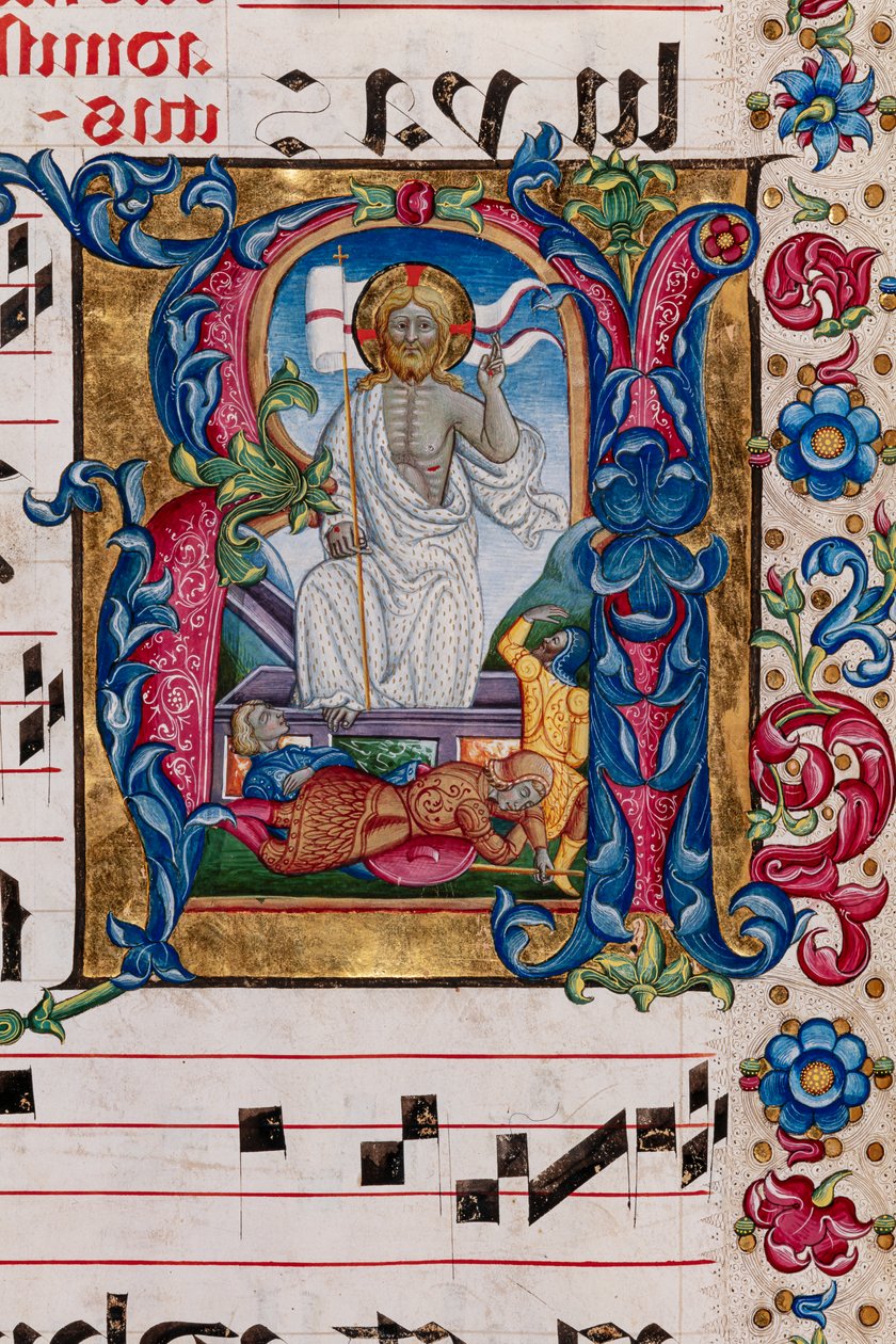 Biblioteca Piccolomini: libro corale, cod. 101.7, ff. 14r con “Resurrezione di Cristo”, di Pellegrino di Mariano. (dettaglio) da Pellegrino di Mariano