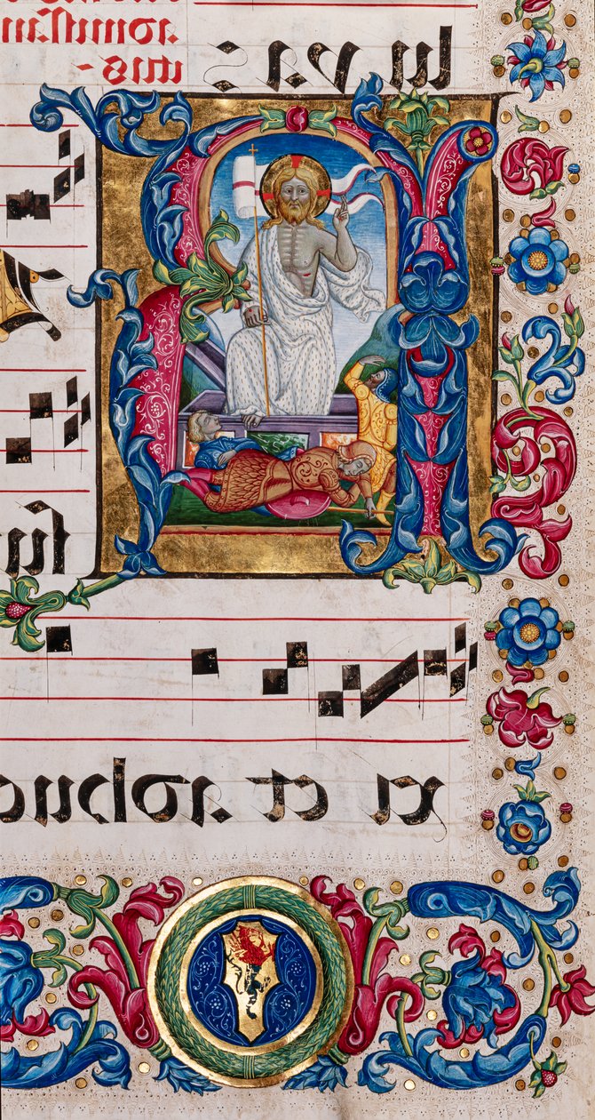 Biblioteca Piccolomini: libro del coro, cod. 101.7, ff. 14r con "Resurrezione di Cristo" da Pellegrino di Mariano