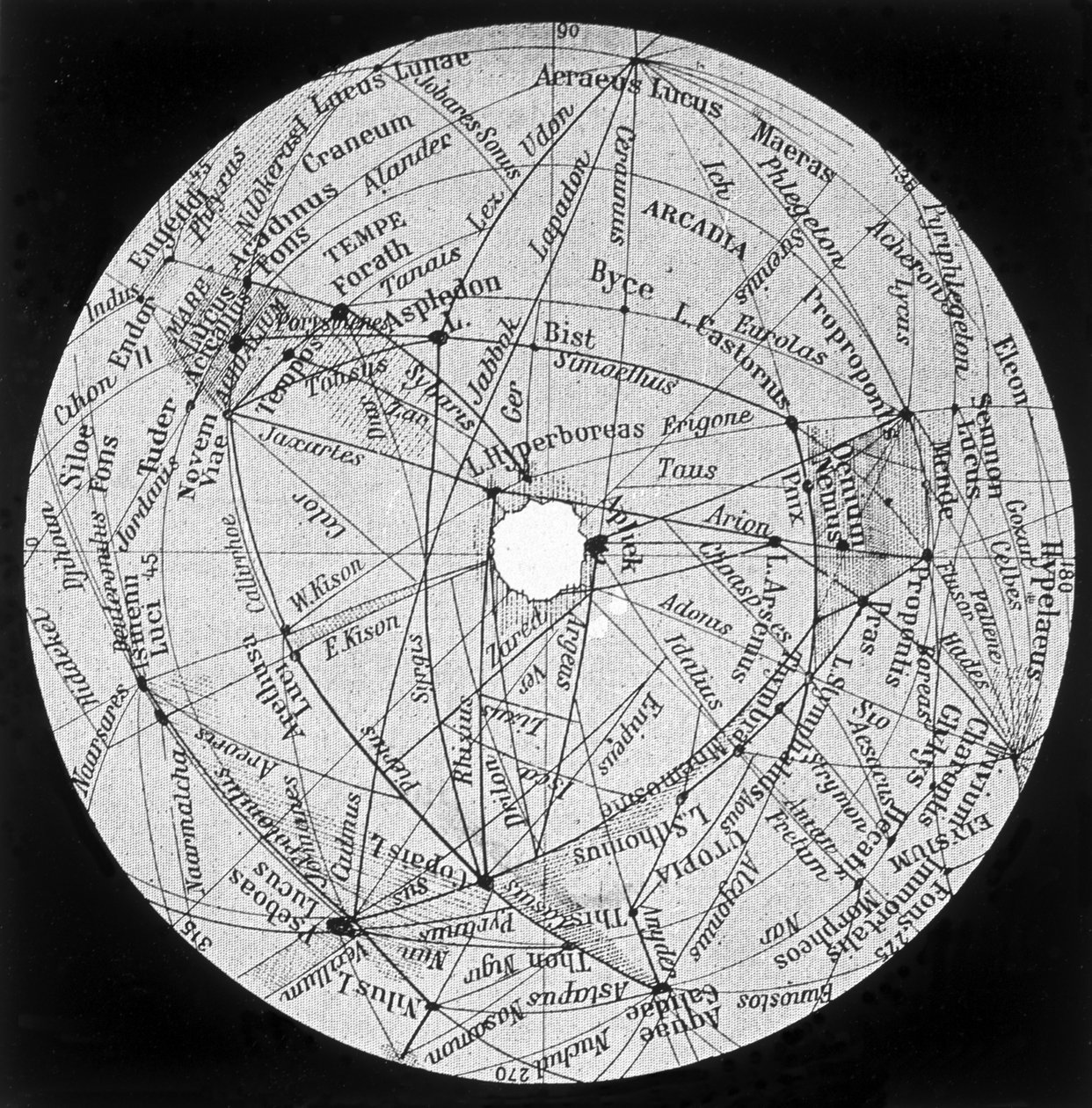 Marte: canali e oasi secondo la mappa di P. Lowell - in "Il Cielo", di Alphonse Berget, Larousse da Percival (after) Lowell