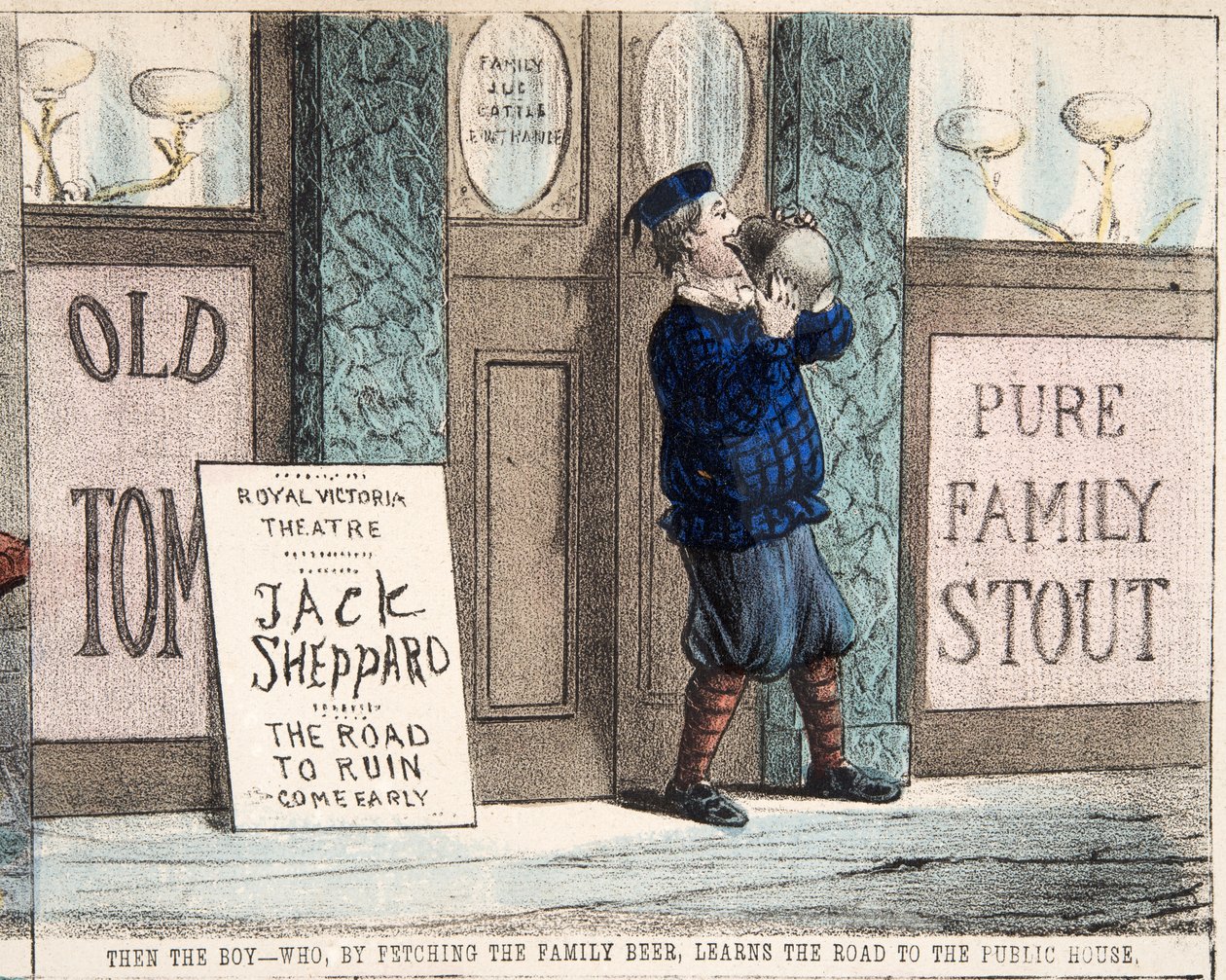 Il ragazzo che, portando la birra di famiglia, impara la strada per la casa pubblica, pub.c. 1872 da Percy Cruikshank